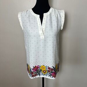 Ann Taylor Factory Petite XSP White Floral Border Split Neck Sleeveless Blouse